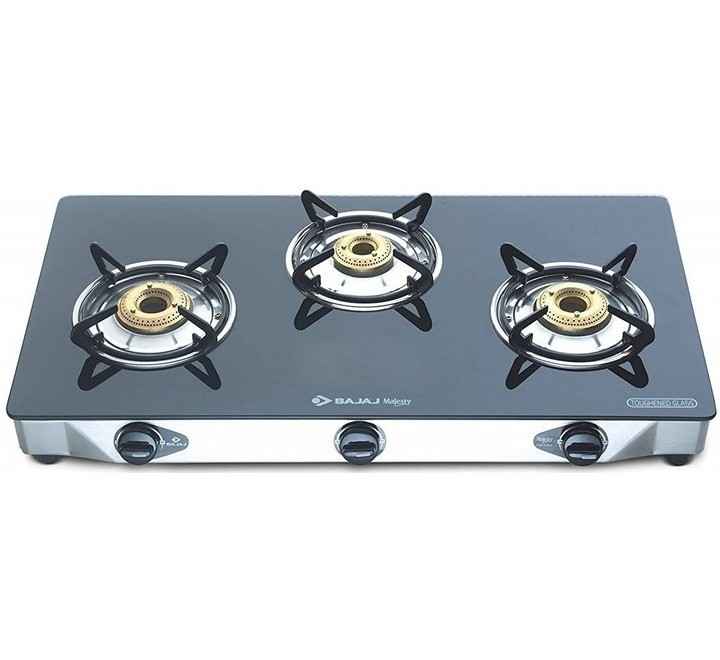 Bajaj 3BJGP7 Stainless Steel Glass Top Gas Stove with 3 Brass BurnersISI CertifiedAnti-Viral and Anti-Bacterial Coating Black Regular (450507 3BJGP7)